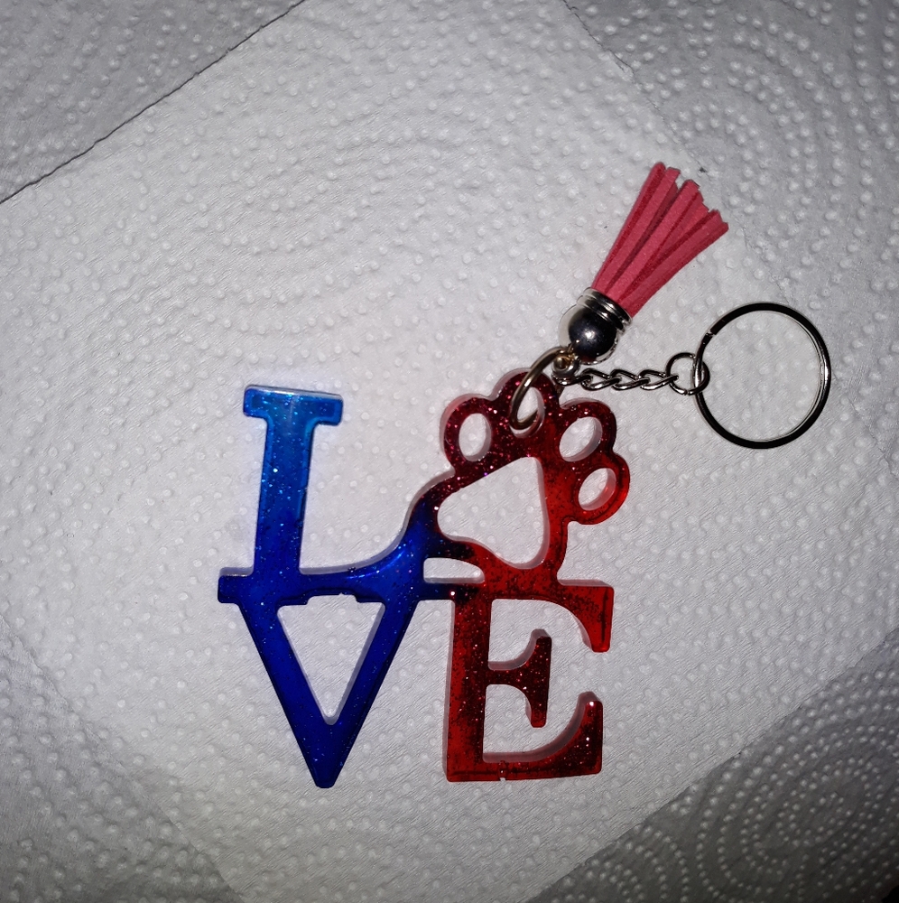 LOVE PET Paw Dog Cat Hand made Red Blue Acrylic Keychain NEW